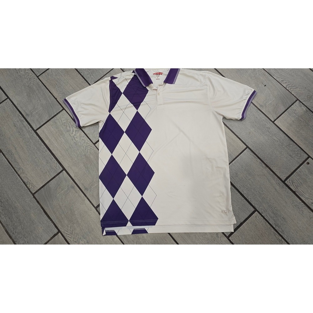 Tabasco Sport Mens Polo Shirt Large White Purple Argyle Golf Short Sleeve Dry